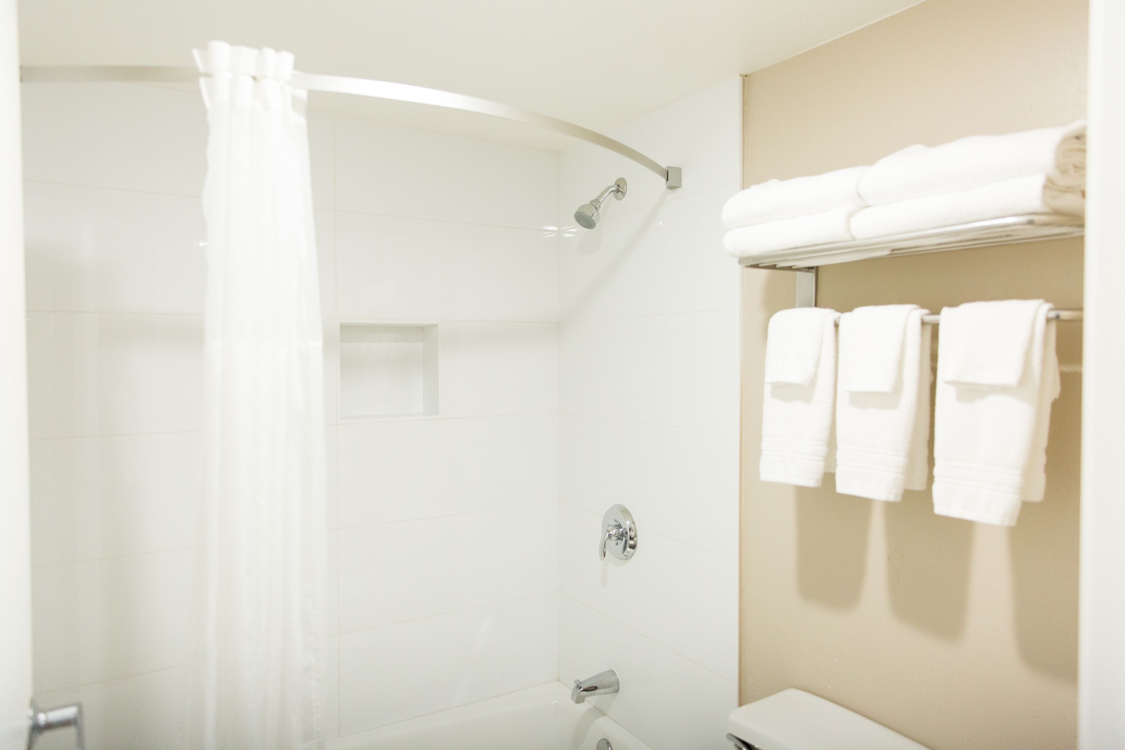 A bathroom with a shower, toilet, and towel rack.