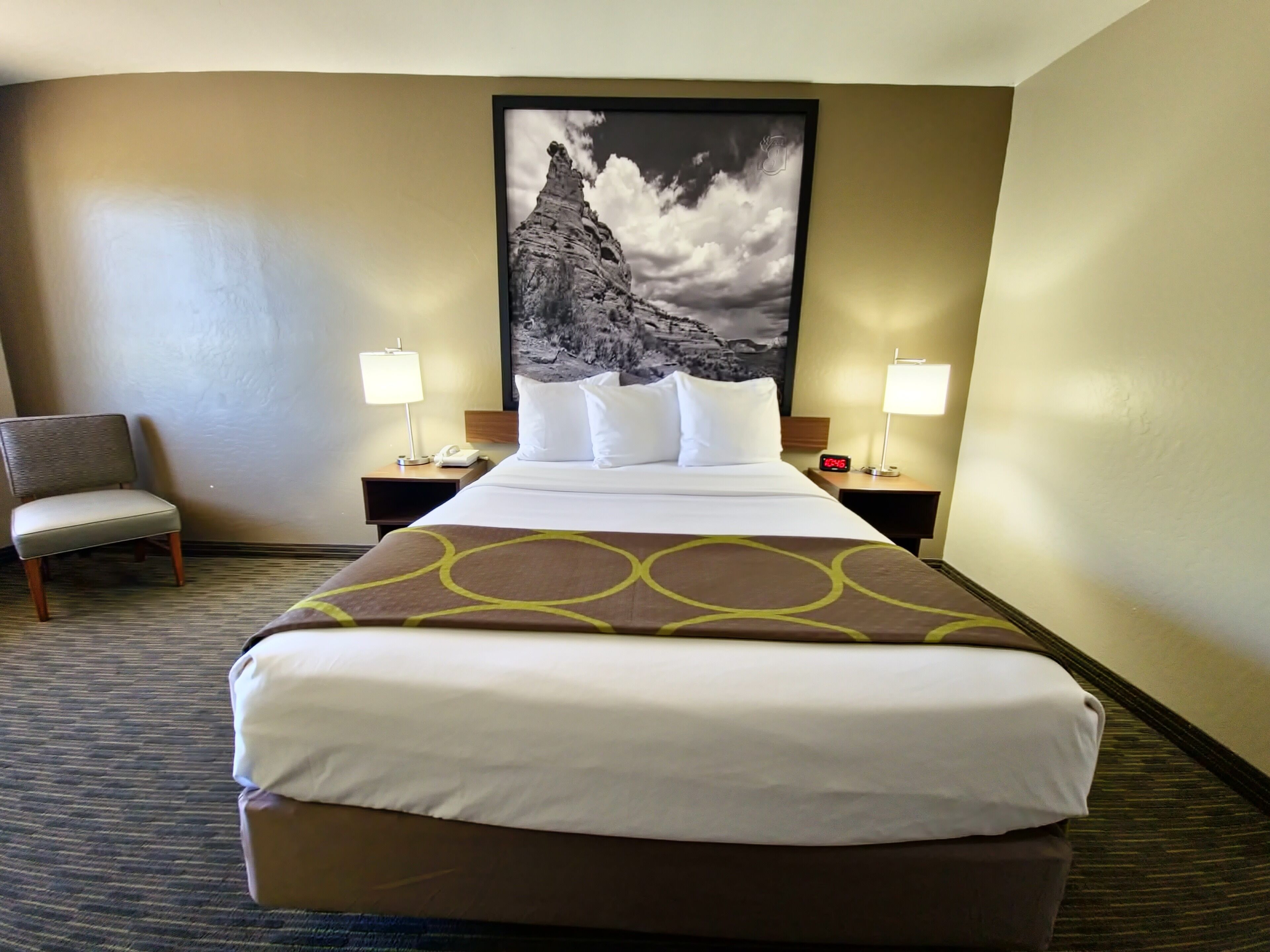 Habitación de hotel con una cama grande, dos mesitas de noche con lámparas, una silla y un cuadro en la pared.
