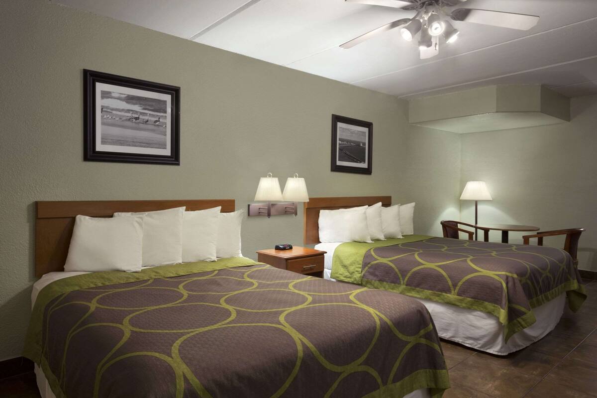 Une chambre d’hôtel avec deux lits, un bureau, deux lampes et des ventilateurs de plafond.