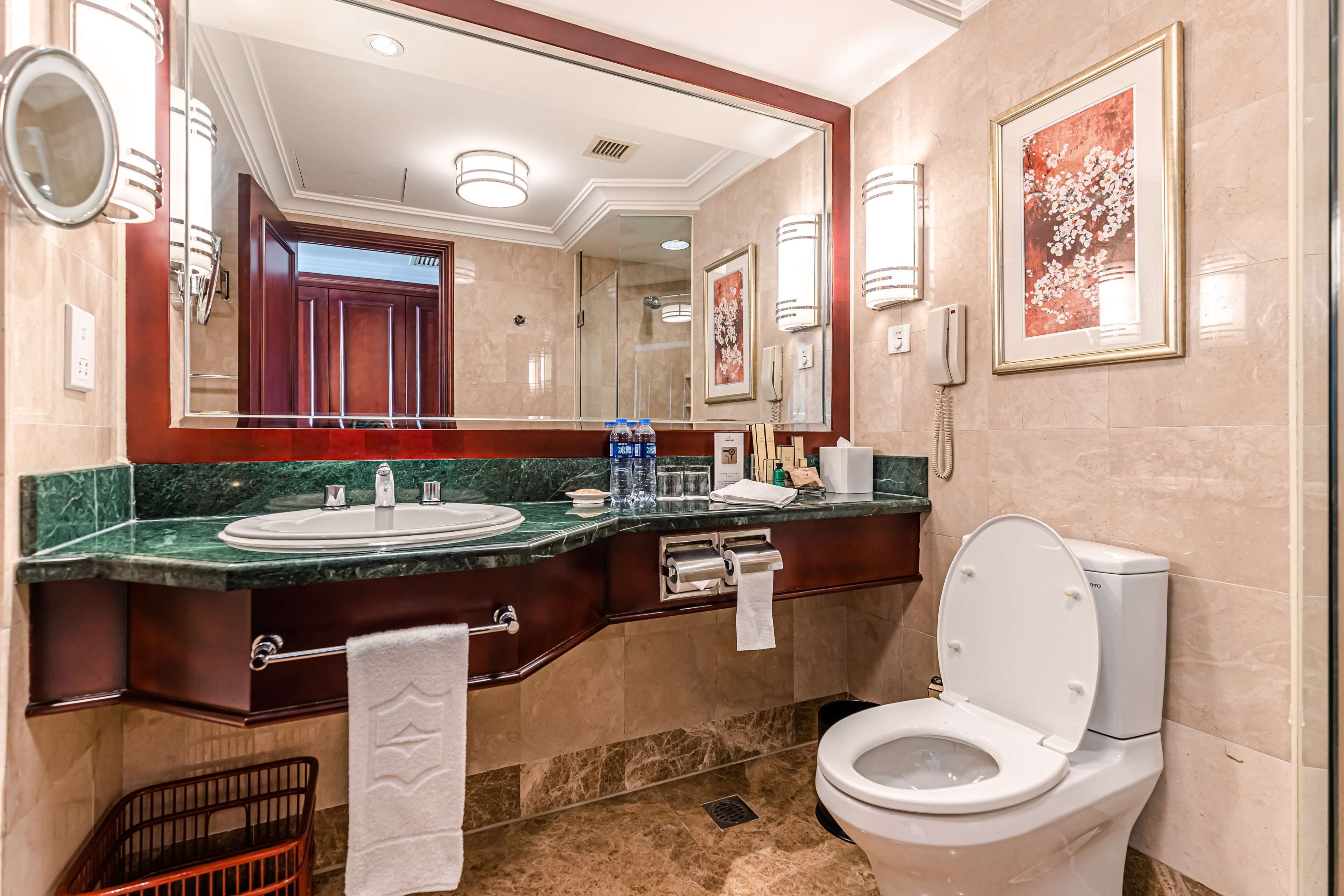 A modern bathroom with a marble sink, a large mirror, a toilet, and a framed picture on the wall.