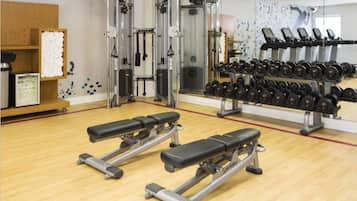 A gym with weight benches, a squat rack, and a rack of dumbbells.