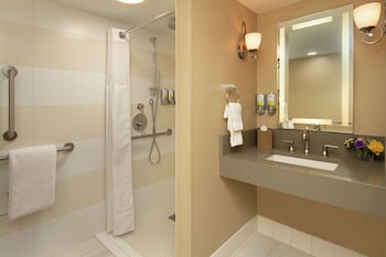 Bathroom shower at Staypineapple, Hotel Rose, Downtown Portland