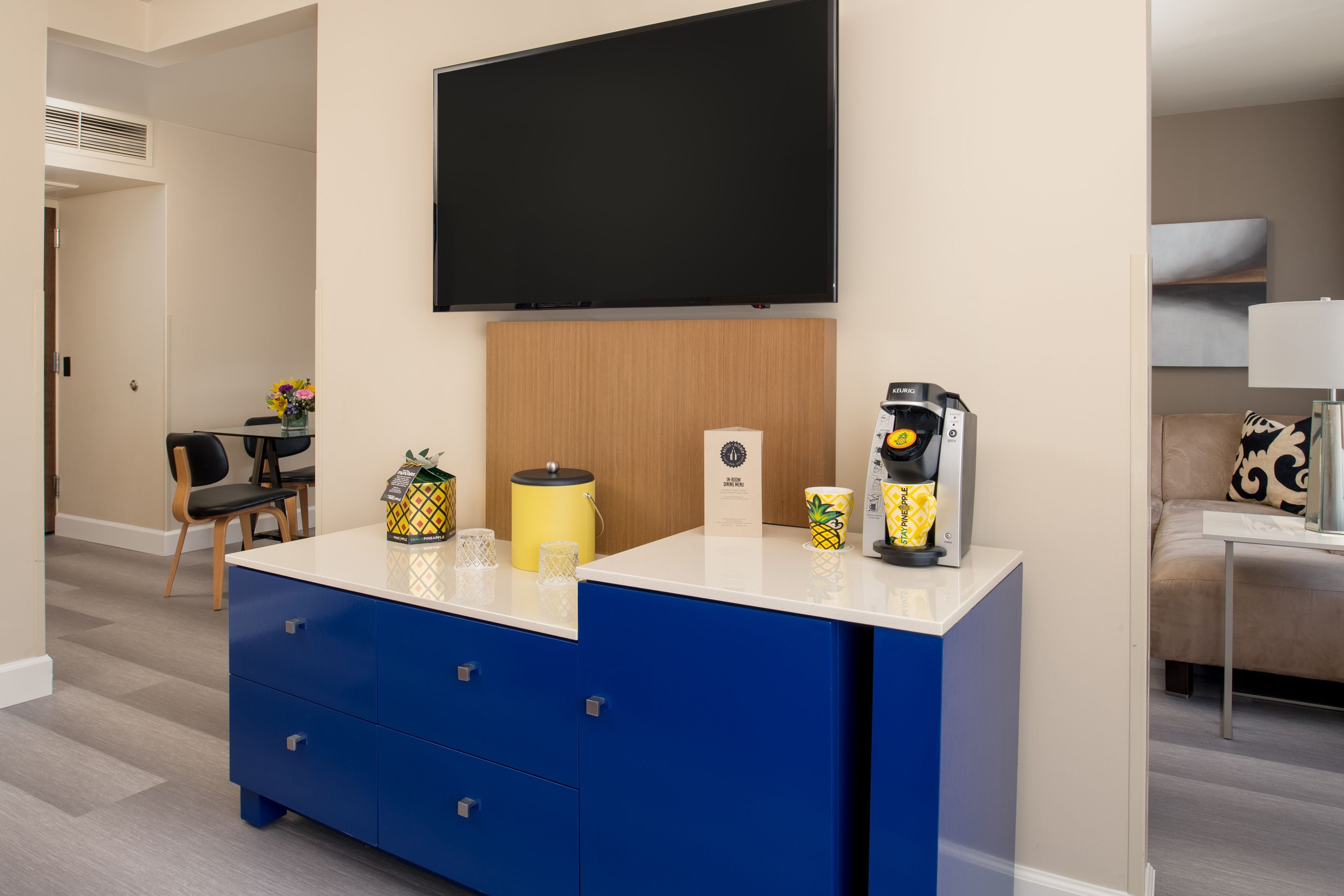 42-inch flat-screen tv with cable channels, tv, ipod dock