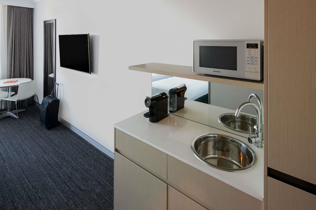 Mini-fridge, microwave, coffee/tea maker, electric kettle