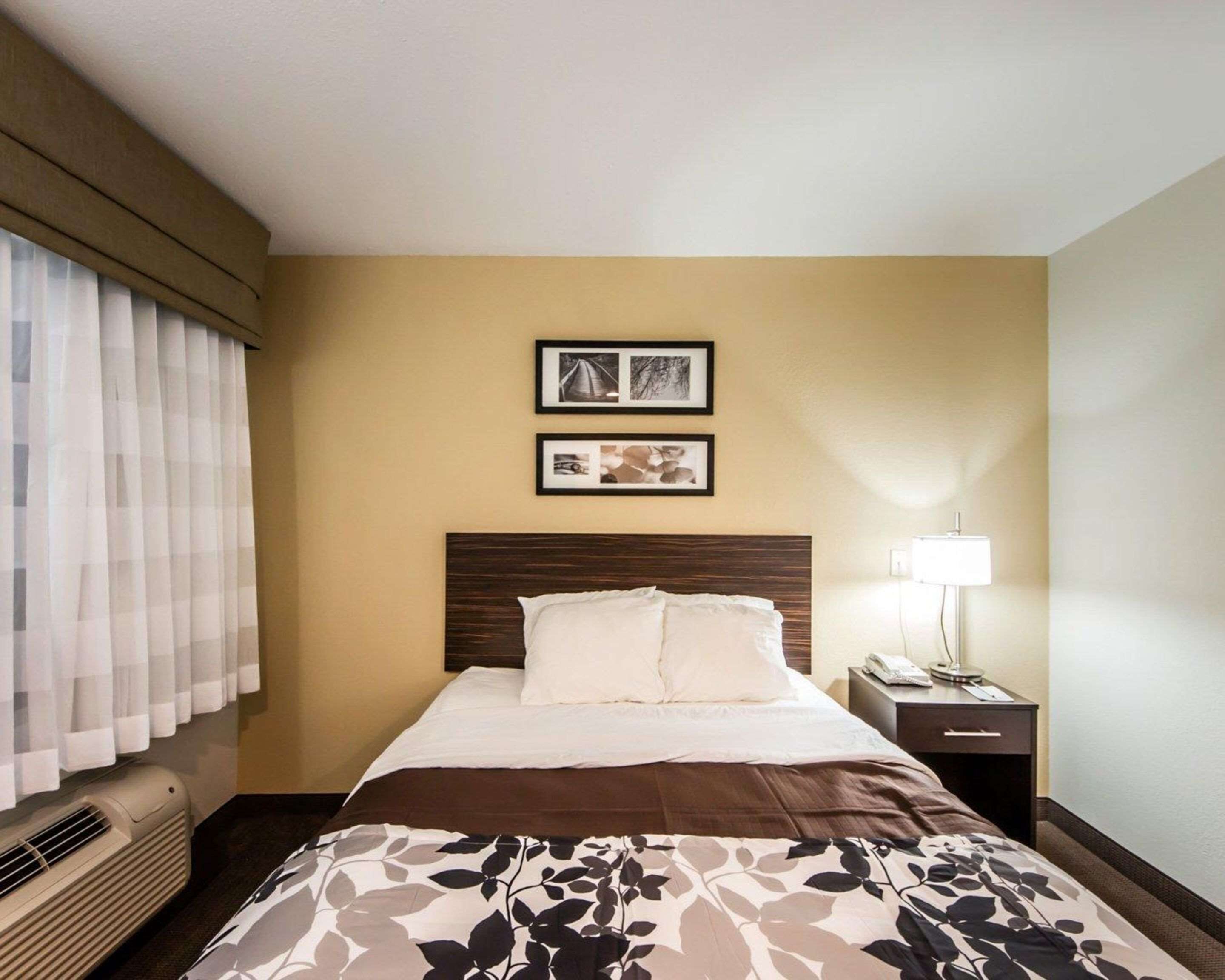 A hotel room with a bed, a nightstand, a lamp, and two framed pictures on the wall.