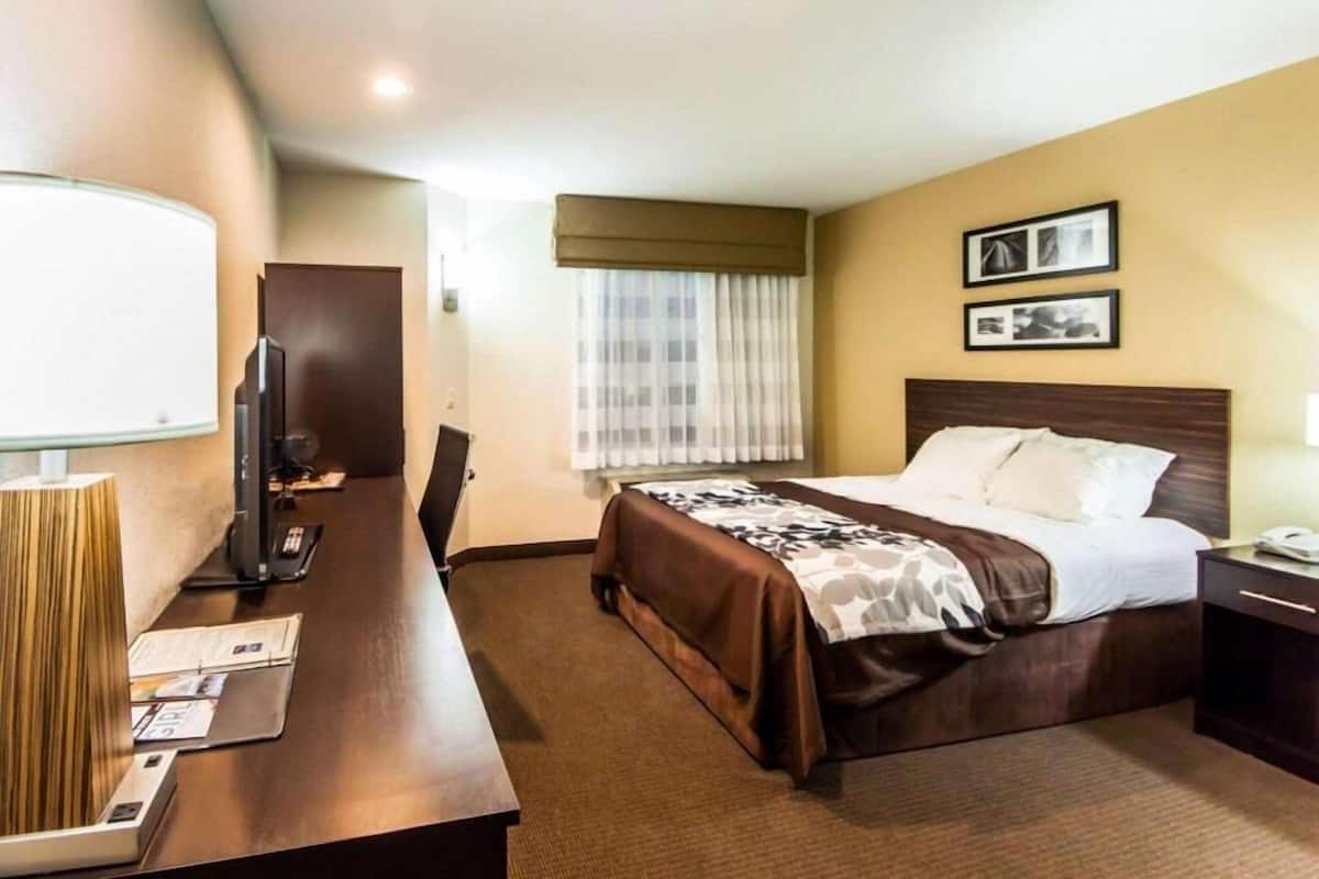 Ett hotellrum med en säng, ett sängbord, en lampa, en tv och ett skrivbord med en stol.