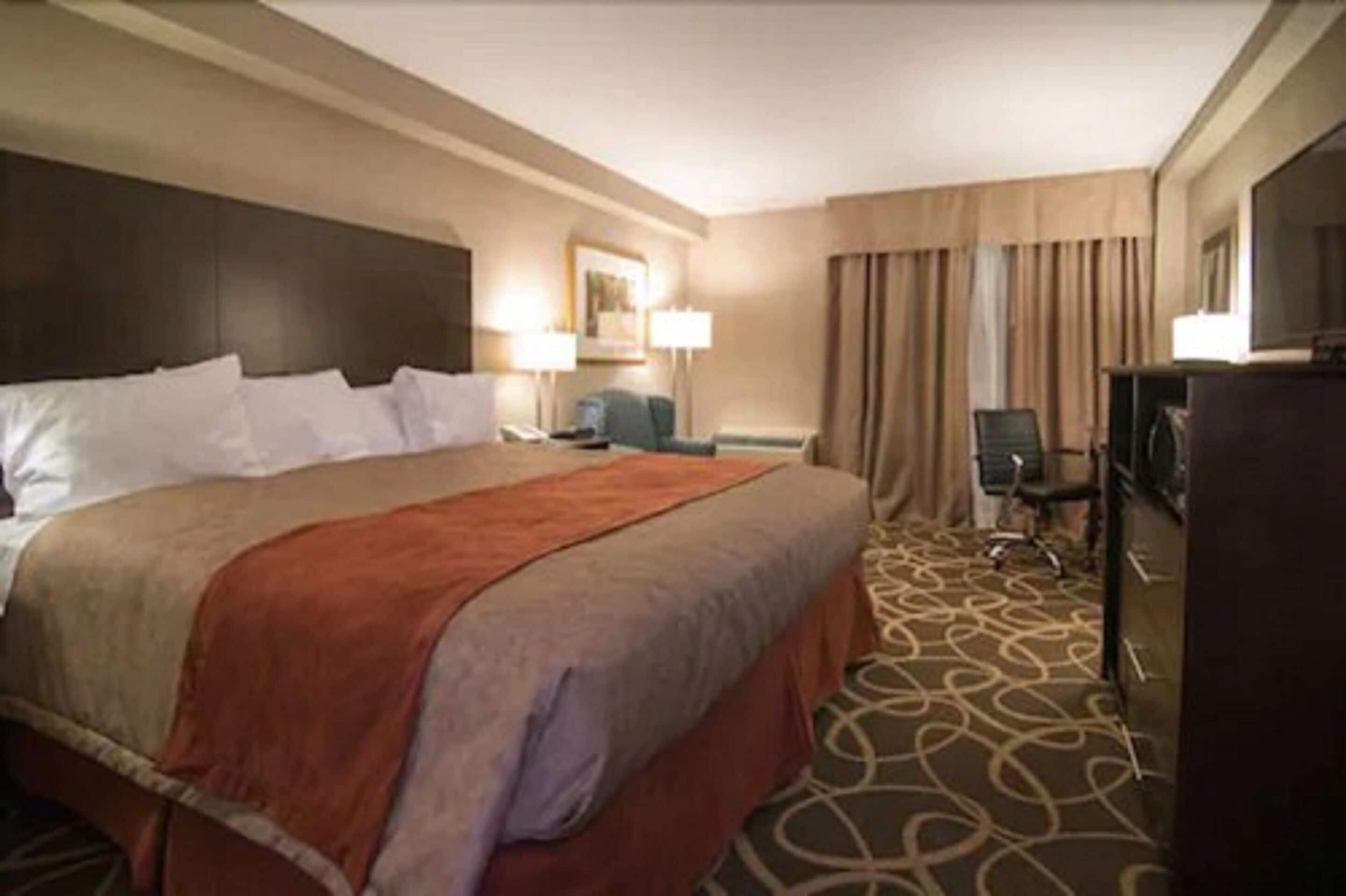 Hotelkamer met een groot bed, bureau, stoel, televisie en een kamerbreed tapijt met een patroon.