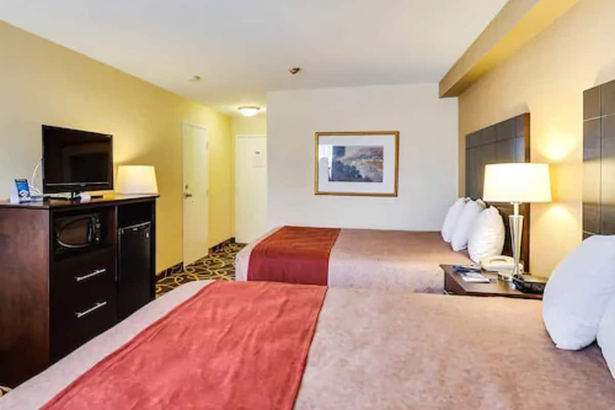 Habitación de hotel con dos camas, televisor, escritorio con lámpara y un cuadro en la pared.