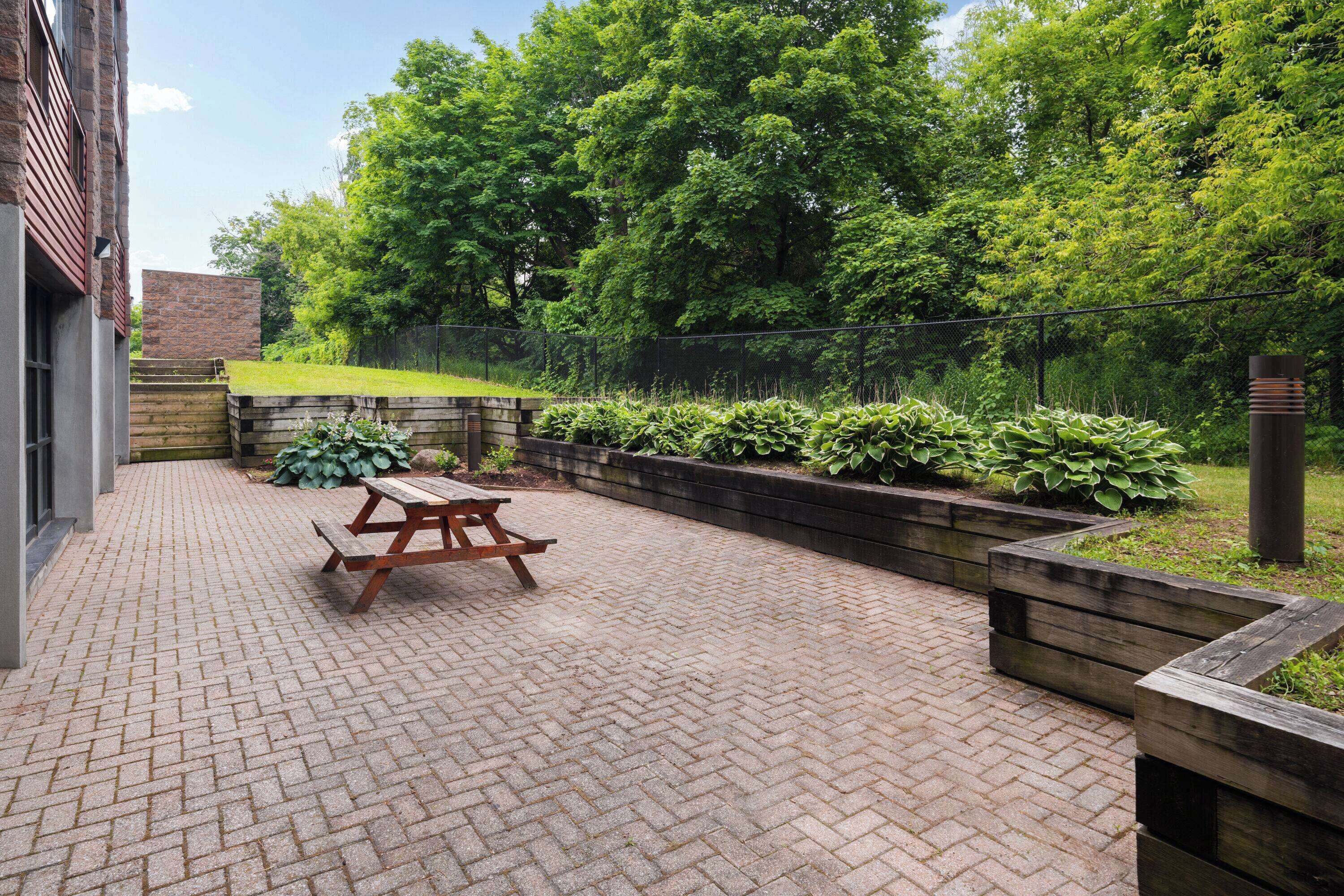 A paved patio with a wooden picnic table and raised garden beds with plants.