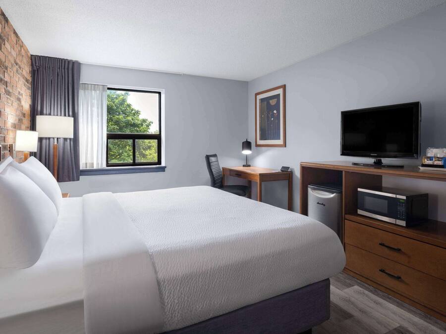 Een hotelkamer met een groot bed, een bureau met een computer, een televisie en uitzicht op groen.