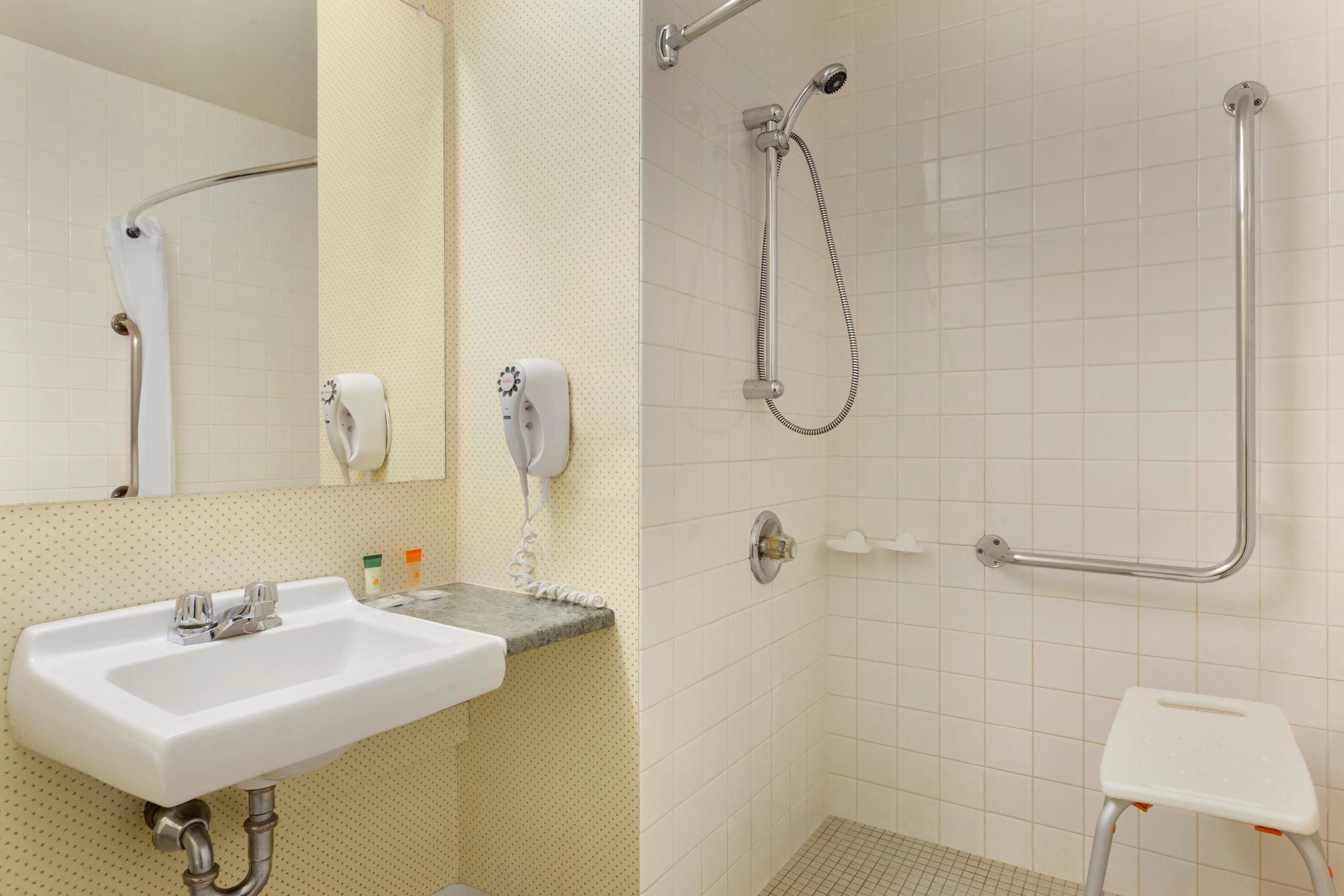 A bathroom with a sink, a handheld showerhead, a grab bar, and a step stool.