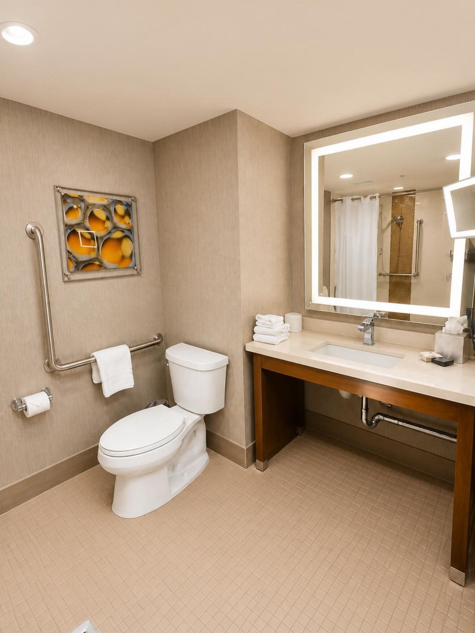 A modern bathroom with a toilet, bidet, sink, and a mirror with a shower visible in the reflection.