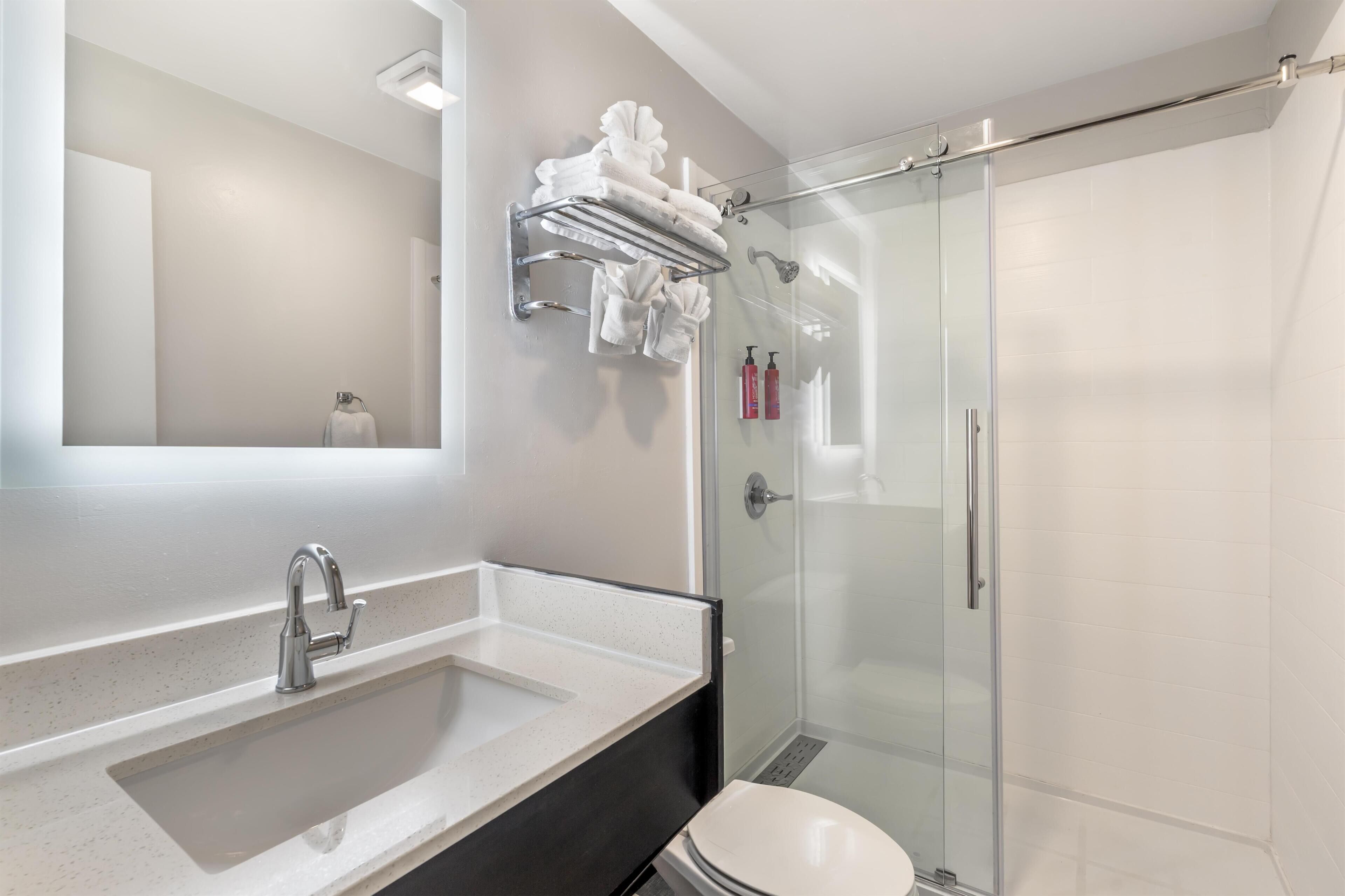 Standaard kamer, 1 tweepersoonsbed, niet-roken, koelkast & magnetron (Small Room) | Badkamer | Een douche, gratis toiletartikelen, een haardroger, handdoeken