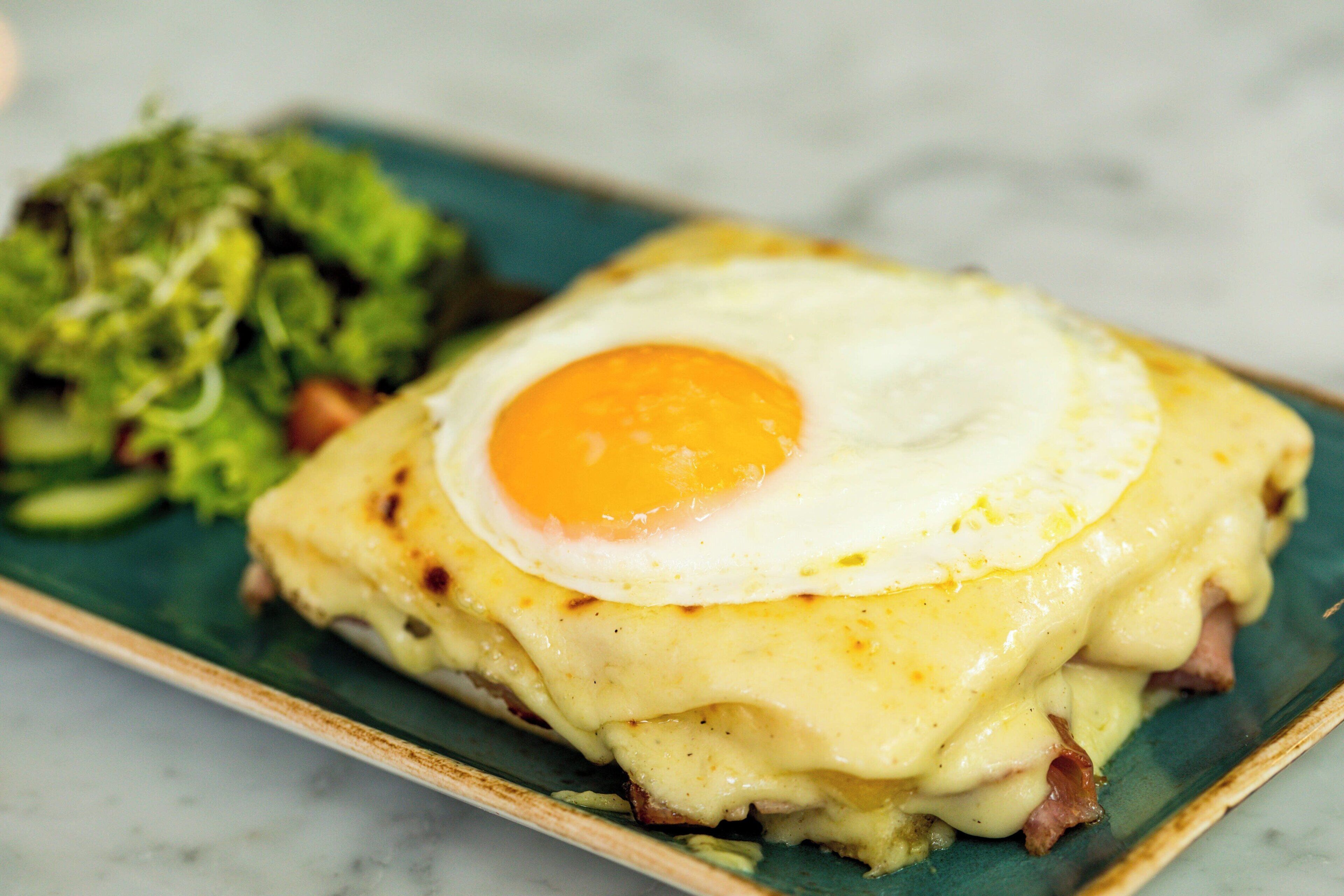 A plate with a sandwich, a fried egg, and a side of broccoli.
