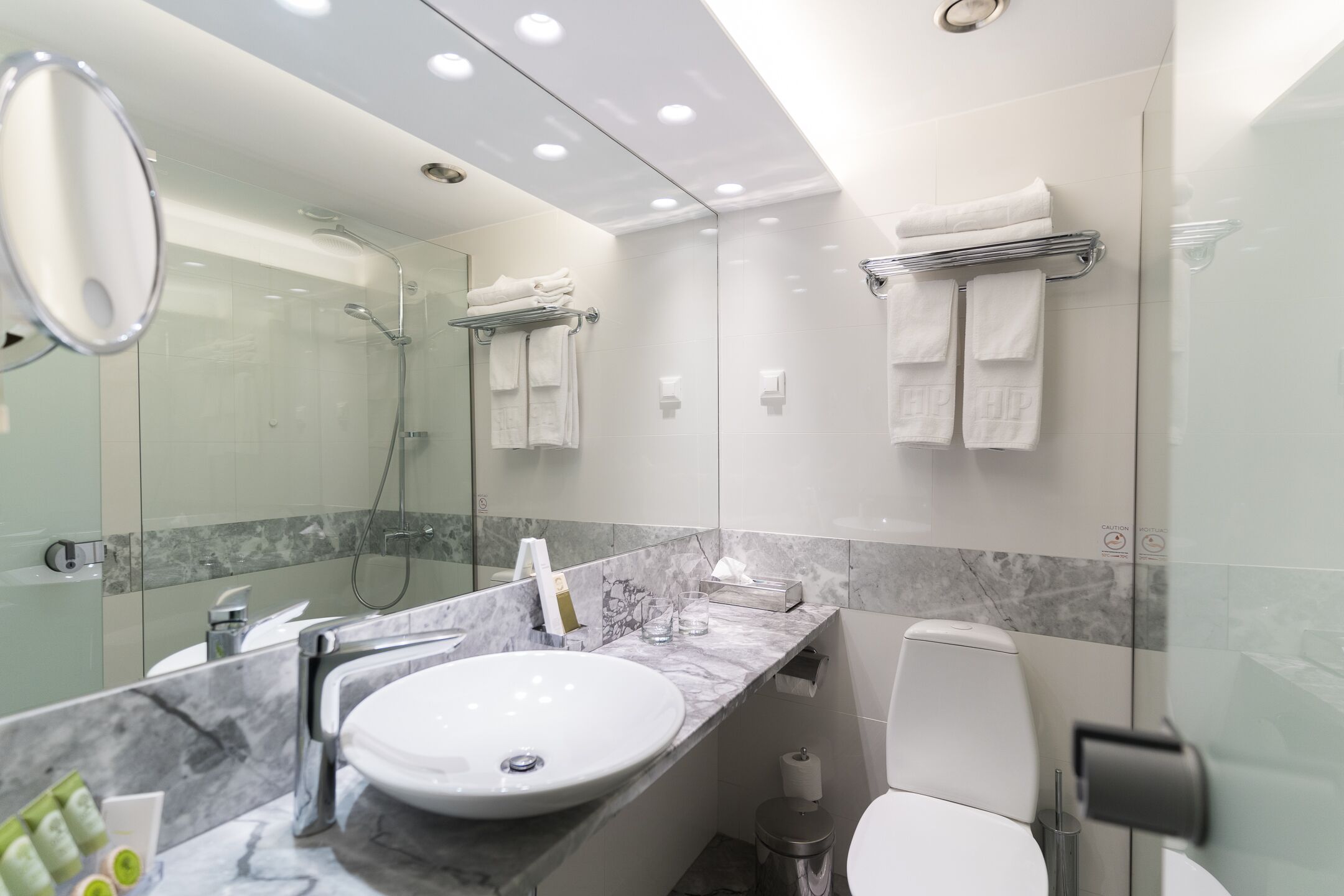 A modern bathroom with a marble countertop, a large sink, a glass shower enclosure, and a toilet.