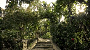 A stone staircase surrounded by lush greenery and a statue. - Graycliff Hotel And Restaurant (Nassau)