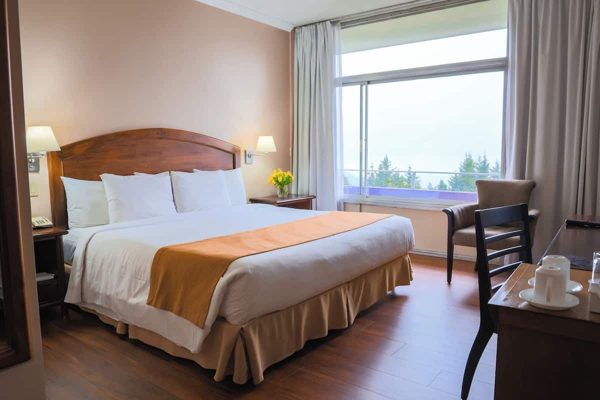 A hotel room with a large bed, a desk with a chair, a window with curtains, and a small table with a vase of flowers.