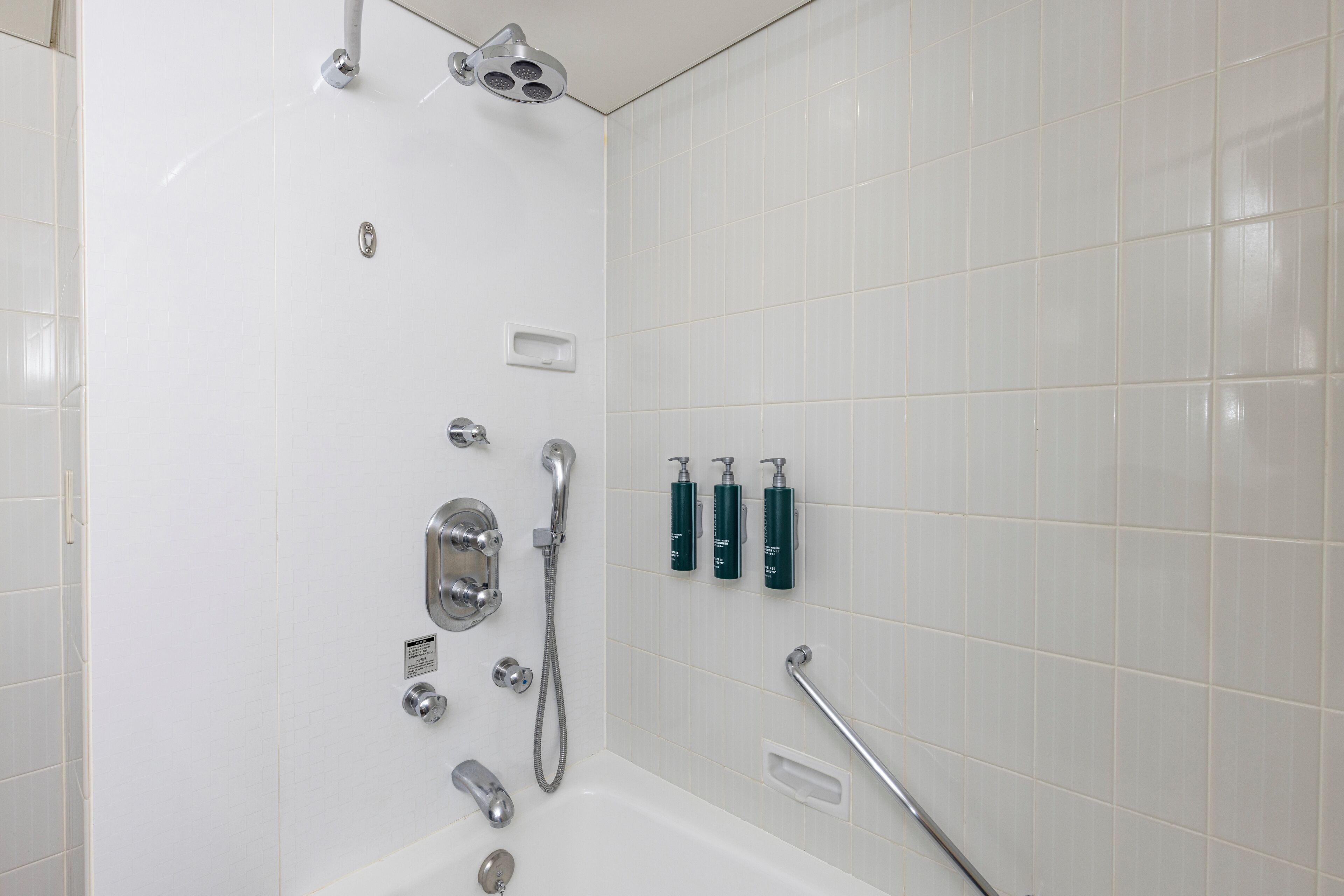 A modern bathroom with a bathtub, shower, and handrails.