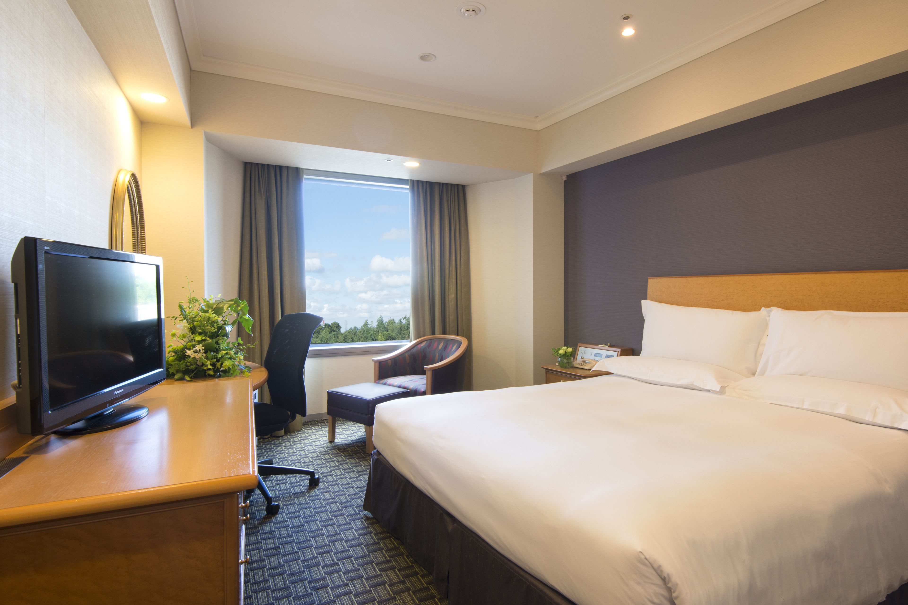 Habitación de hotel con una cama grande, un escritorio con televisor, una silla y vistas a la ciudad desde la ventana.