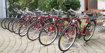Varias bicicletas aparcadas en un área designada con suelo pavimentado.