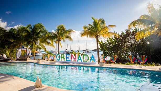 A swimming pool with a sign reading "Grenada," surrounded by palm trees and lounge chairs.