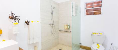 A bathroom with a glass-enclosed shower, a white toilet, and a sink with a wooden stool.