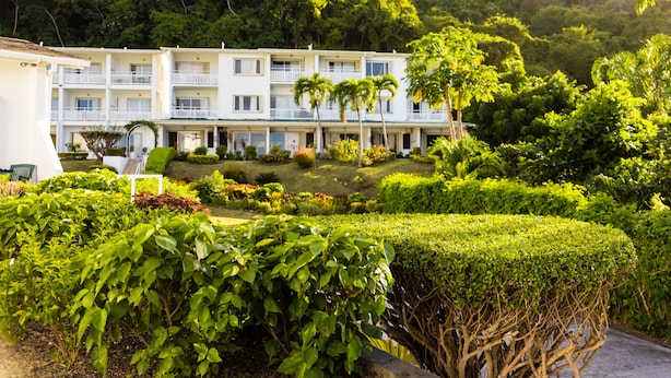 A multi-story hotel with balconies, surrounded by lush greenery and well-maintained gardens. - Siesta Hotel (St. George's)