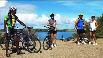 A group of people with bicycles near a lake.