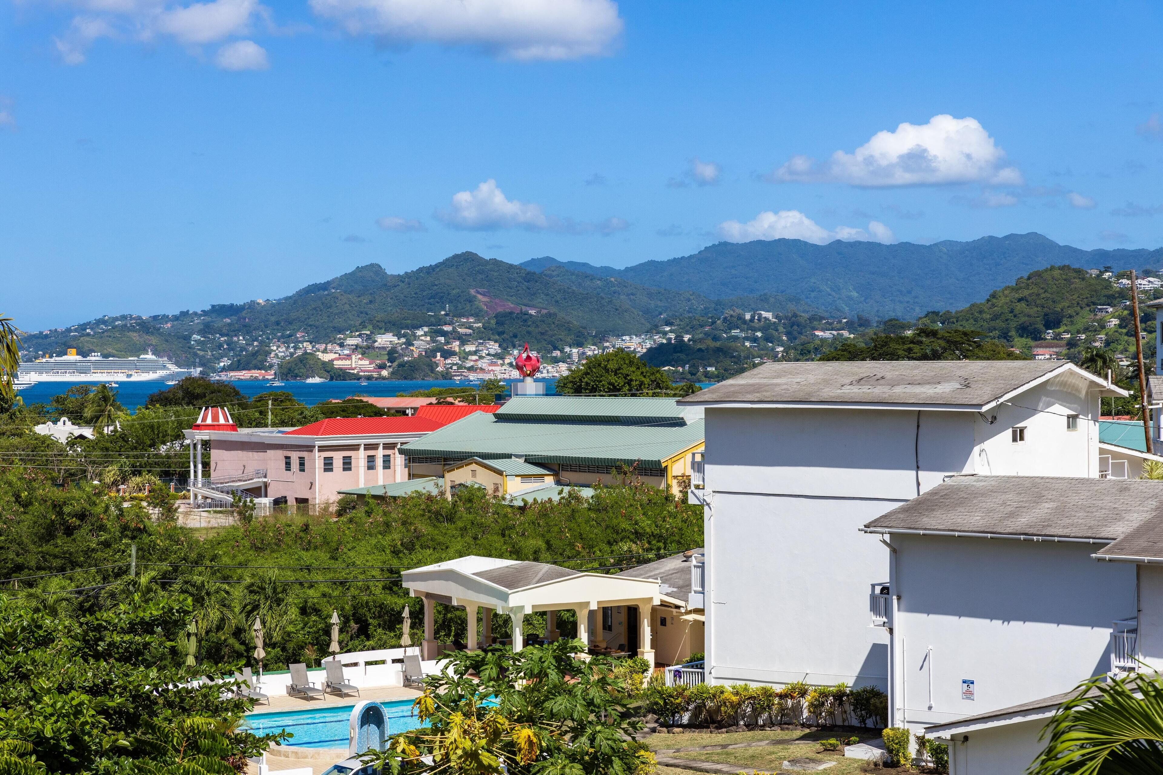 A coastal residential area with houses, a swimming pool, and a cruise ship in the background.