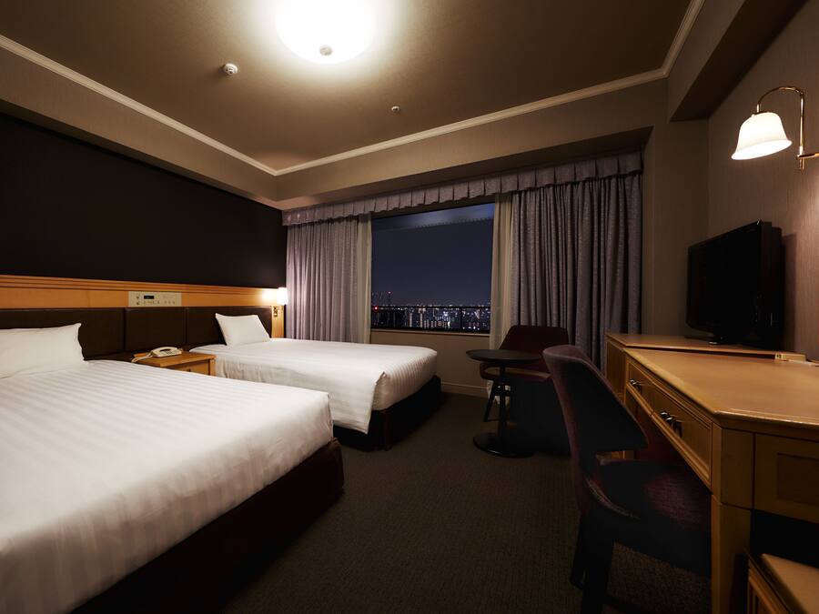 Habitación de hotel con dos camas, un escritorio, una silla, un televisor y una ventana con cortinas.