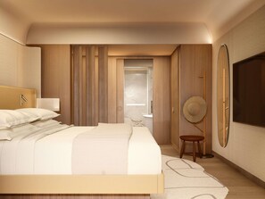 Un dormitorio moderno con cama, televisor, espejo y taburete.