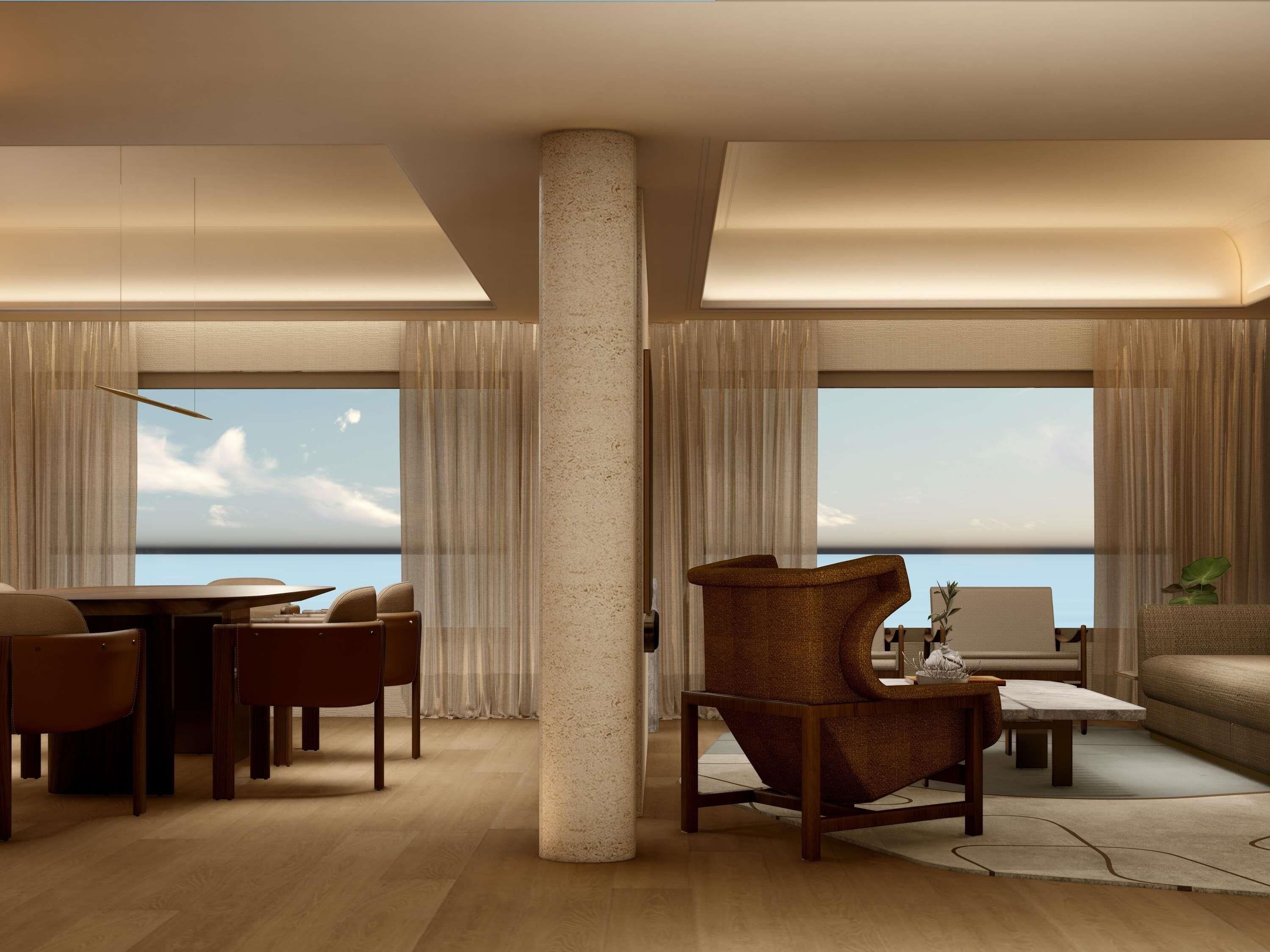 A modern living room with a large window, a dining area, and a seating arrangement.