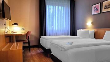 Hypo-allergenic bedding, desk, blackout curtains, soundproofing