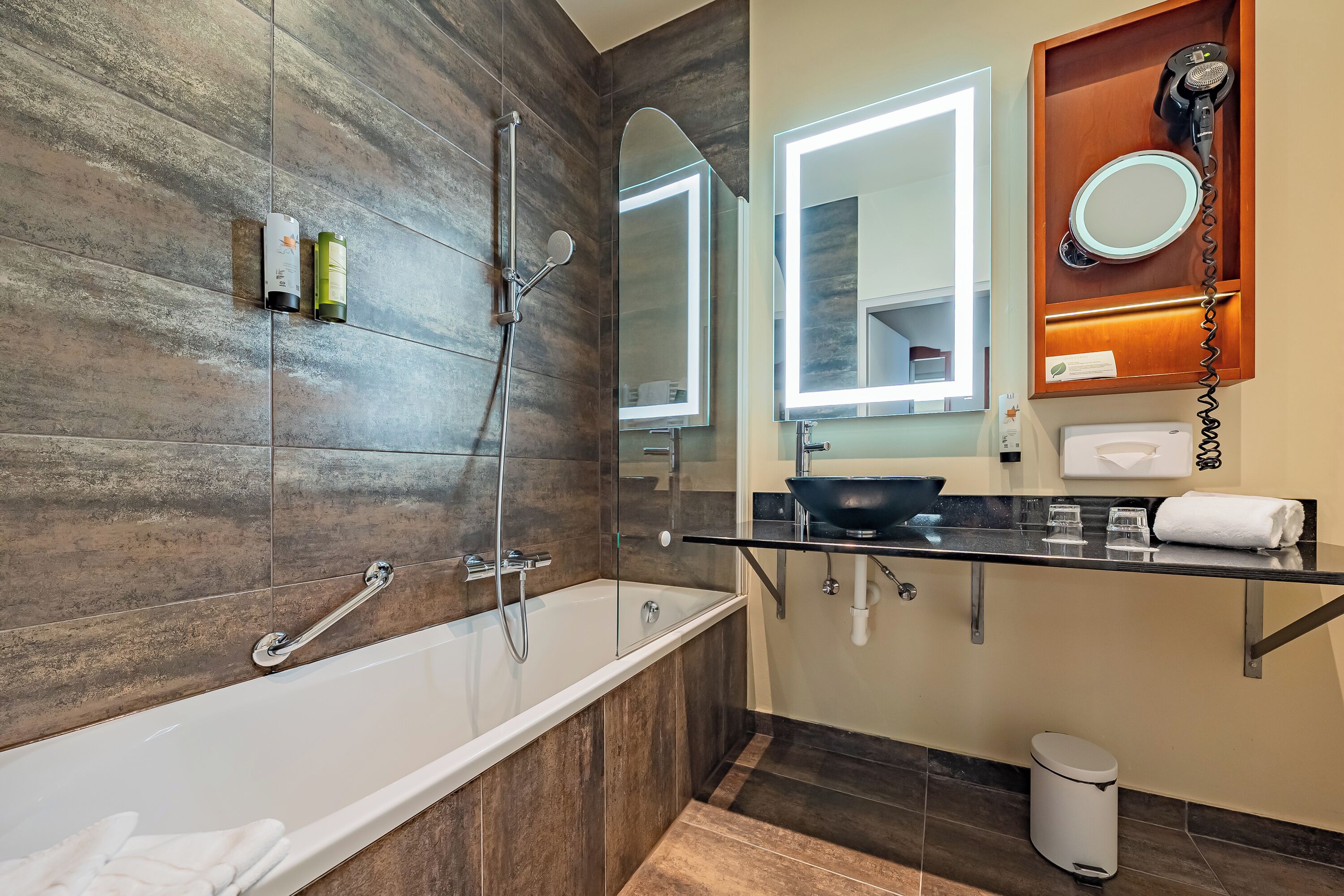 free toiletries, hair dryer, towels