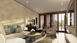 ميني بار وخزنة داخل الغرفة ومكتب وستائر تعتيم