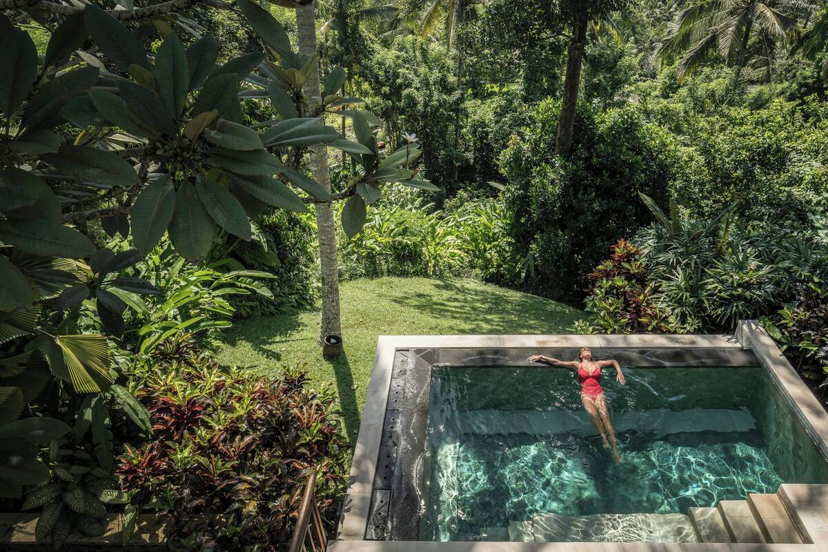 A person in a red swimsuit in a rectangular pool with clear water, surrounded by lush greenery and a well-maintained lawn.