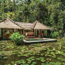 Escape to a serene tropical retreat with a spacious veranda and pool surrounded by lush greenery.