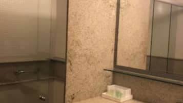 Un baño con cabina de ducha de vidrio, encimera de granito color beige y espejo sobre el lavamanos.