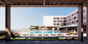 A modern hotel with a swimming pool, lounge chairs, and a covered outdoor area. - Golden Beach Tinos (Tinos)