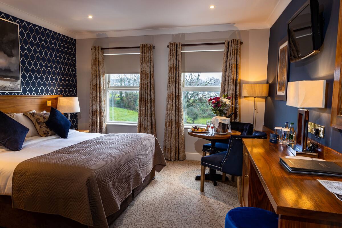 Une chambre d’hôtel avec un grand lit, un bureau avec une chaise, une télévision et une fenêtre avec des rideaux.