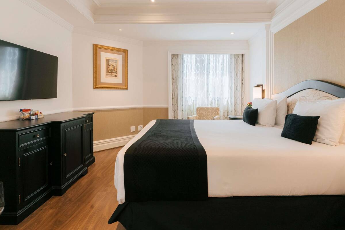 Habitación de hotel con una cama grande, televisión, escritorio con cajones y un cuadro en la pared.