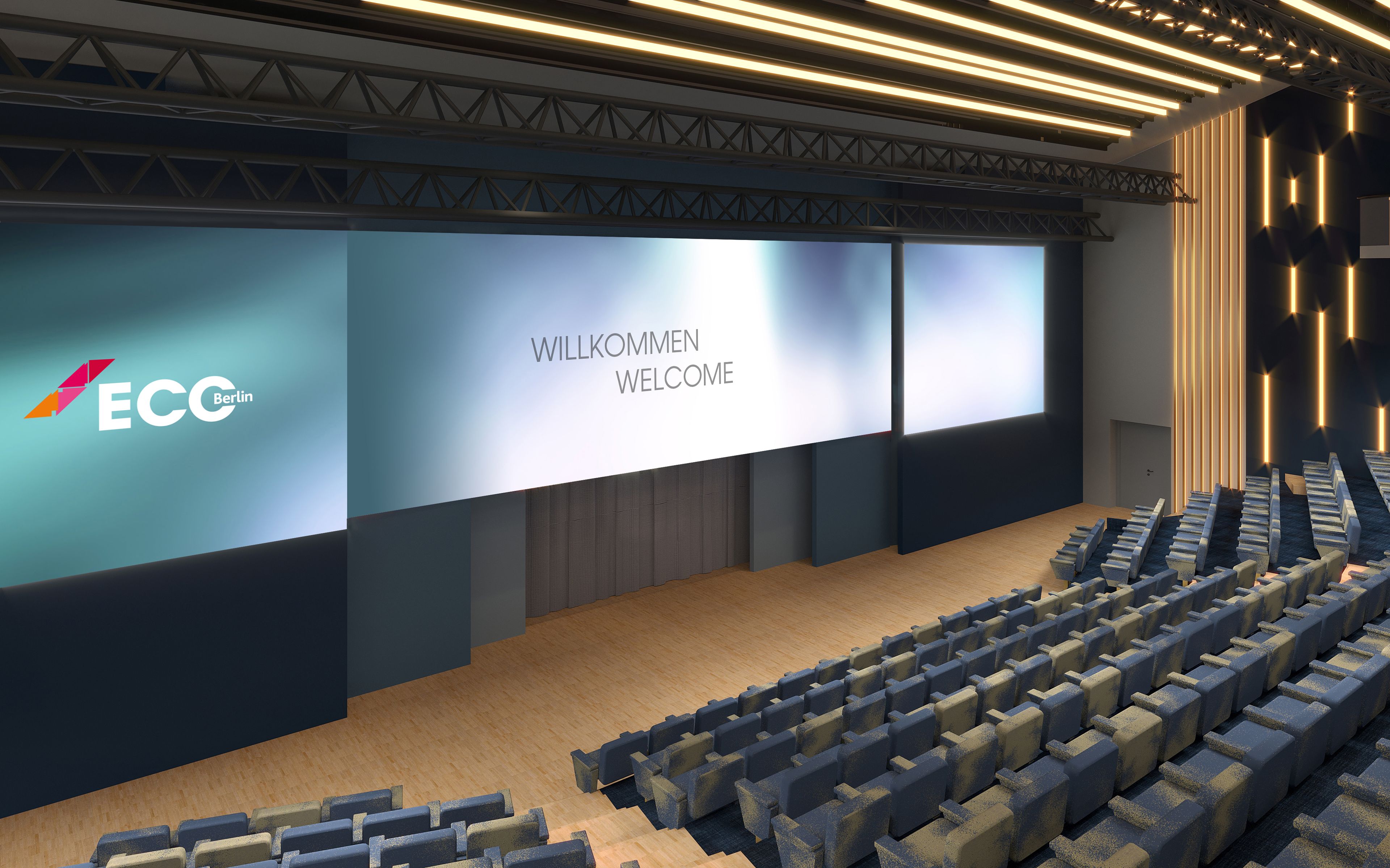 An auditorium with rows of seats, a large screen displaying 'WILLKOMMEN WELCOME', and the 'ECG Berlin' logo.