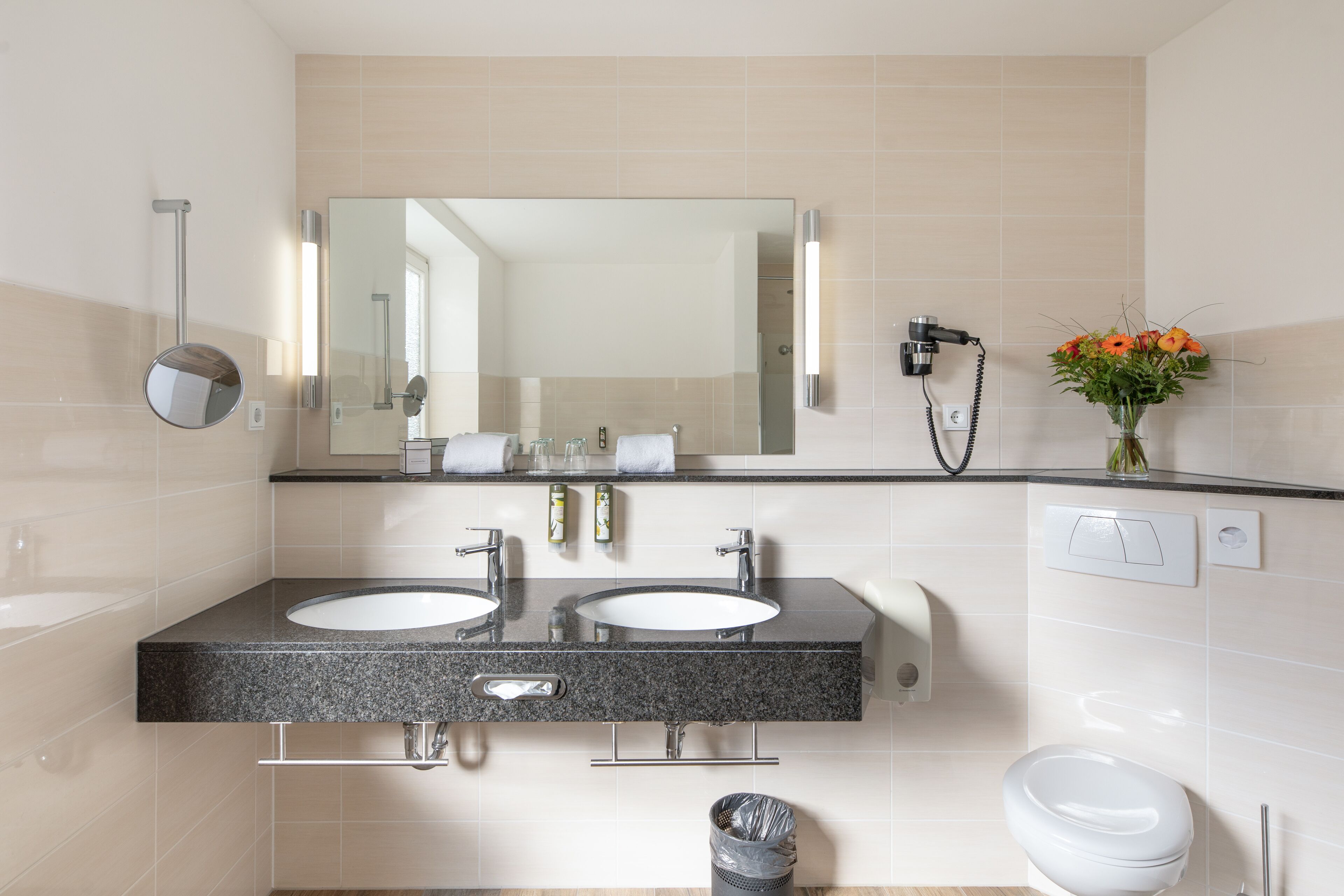 superior double room | bathroom | hair dryer, towels, soap, shampoo