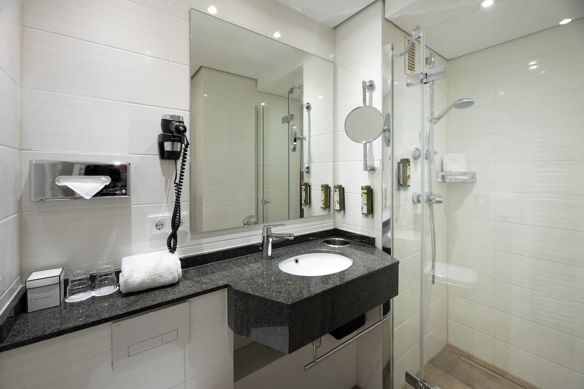 Hair dryer, towels, soap, shampoo