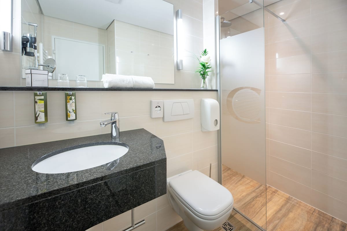 Hair dryer, towels, soap, shampoo