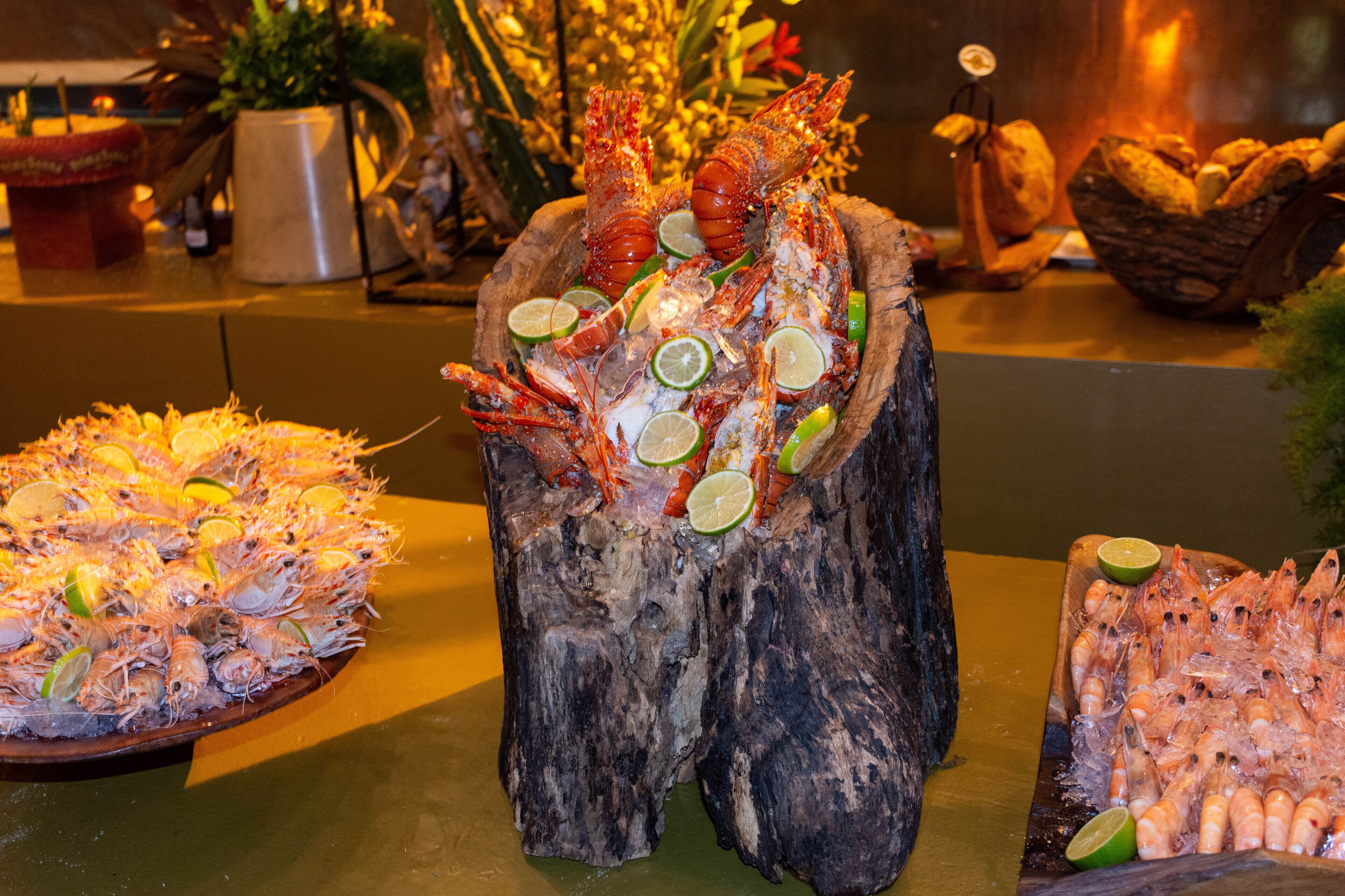 Una exhibición de mariscos con diferentes tipos de pescado, incluyendo langostas y camarones, dispuestos sobre un soporte de madera.