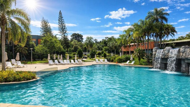 A swimming pool with lounge chairs and a waterfall feature. - Exe Hotel Cataratas (Puerto Iguazú)