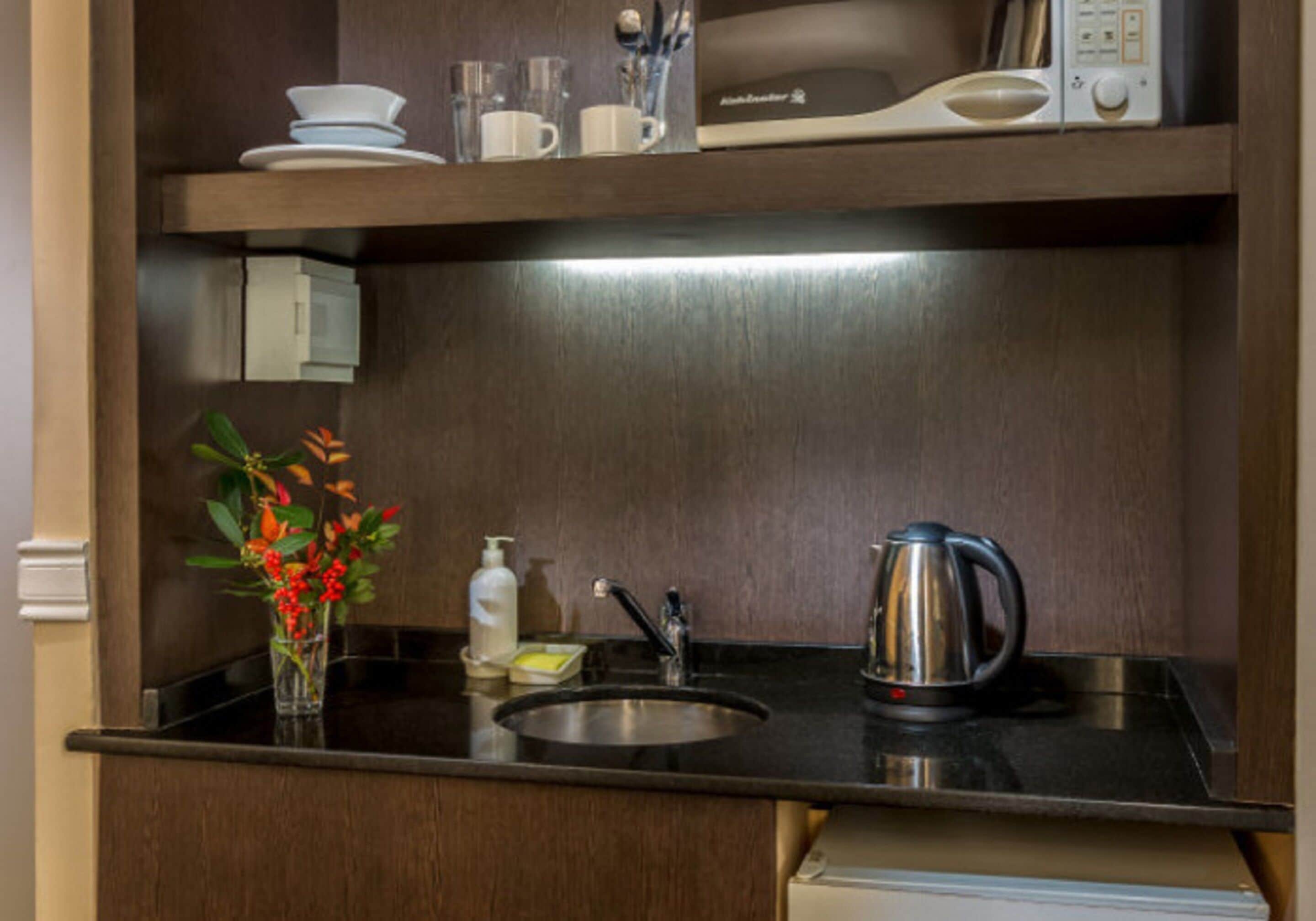 fridge, microwave, electric kettle