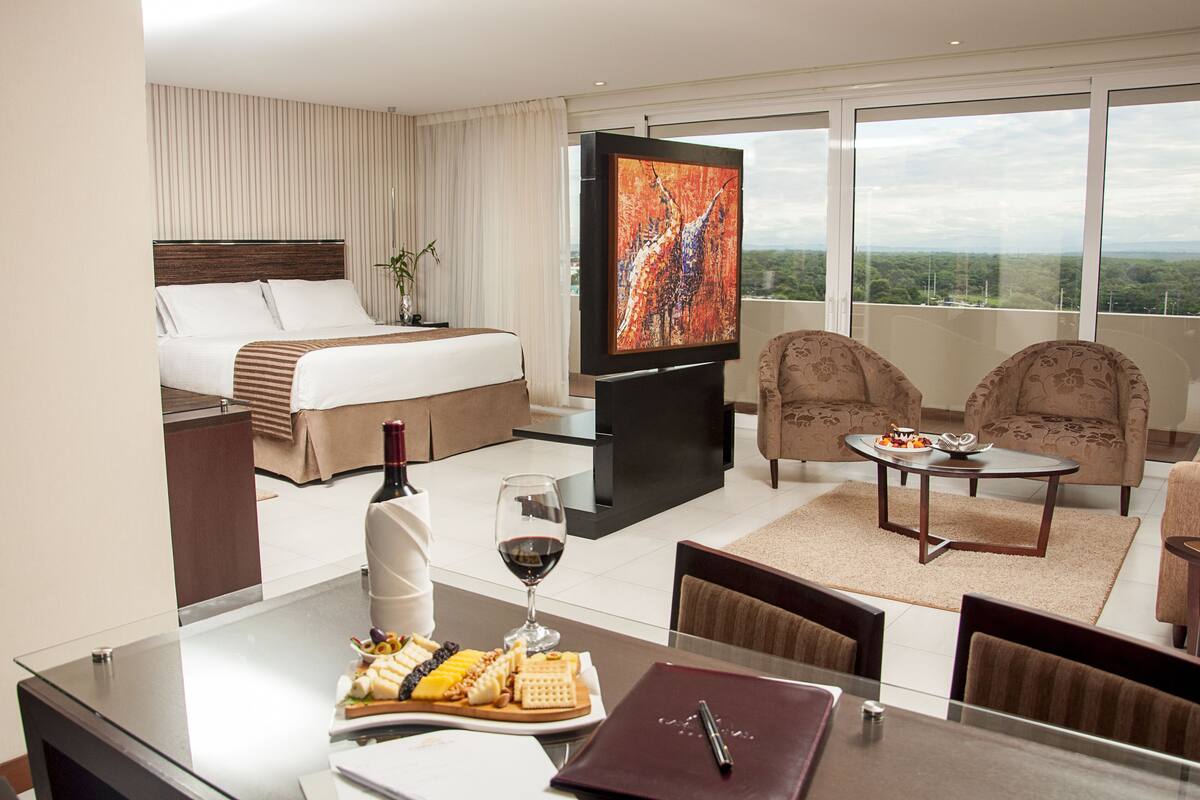 A hotel room with a bed, a TV, a dining area with a table and chairs, and a view of the landscape.