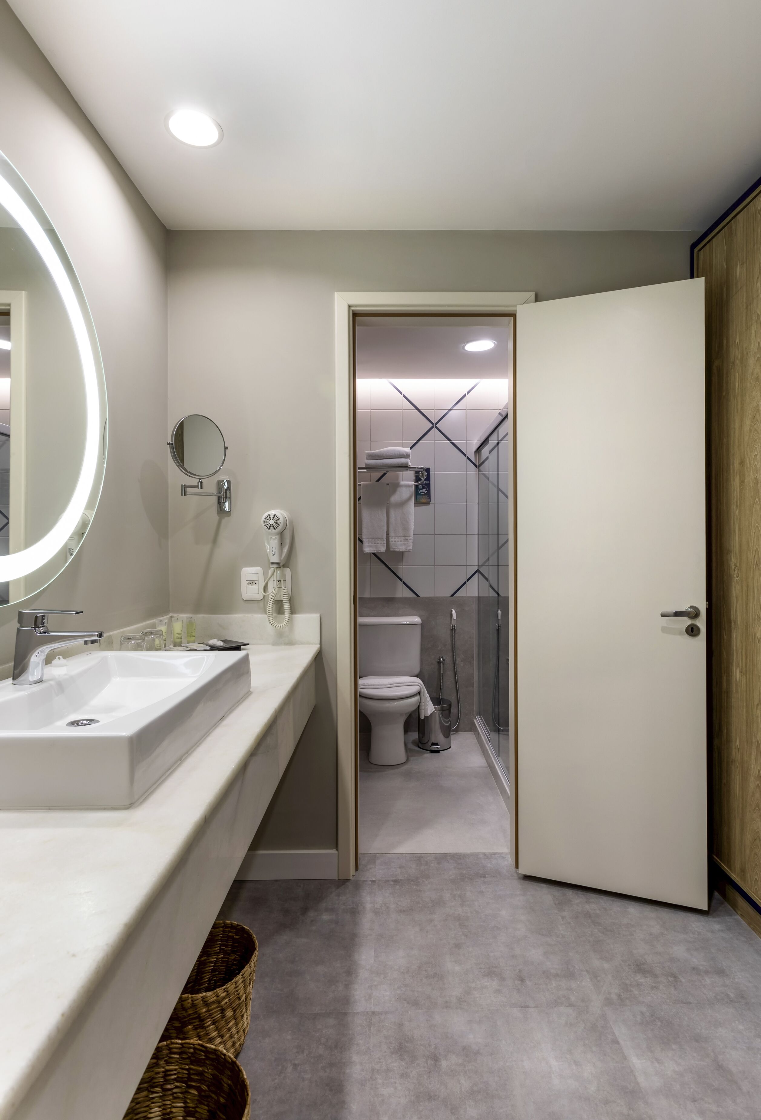 shower, eco-friendly toiletries, hair dryer, towels